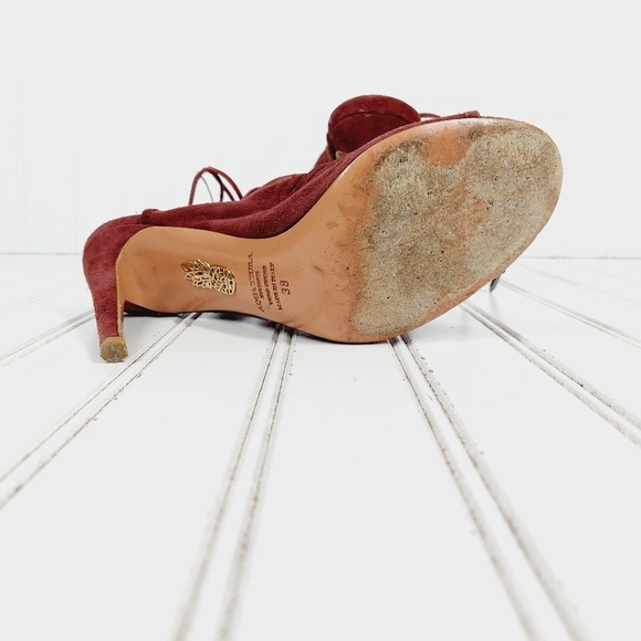 Aquazzura Sexy Thing Burgundy Lace Up Slip On High Heels Pep Toe Sandals B403 - Picture 10 of 13
